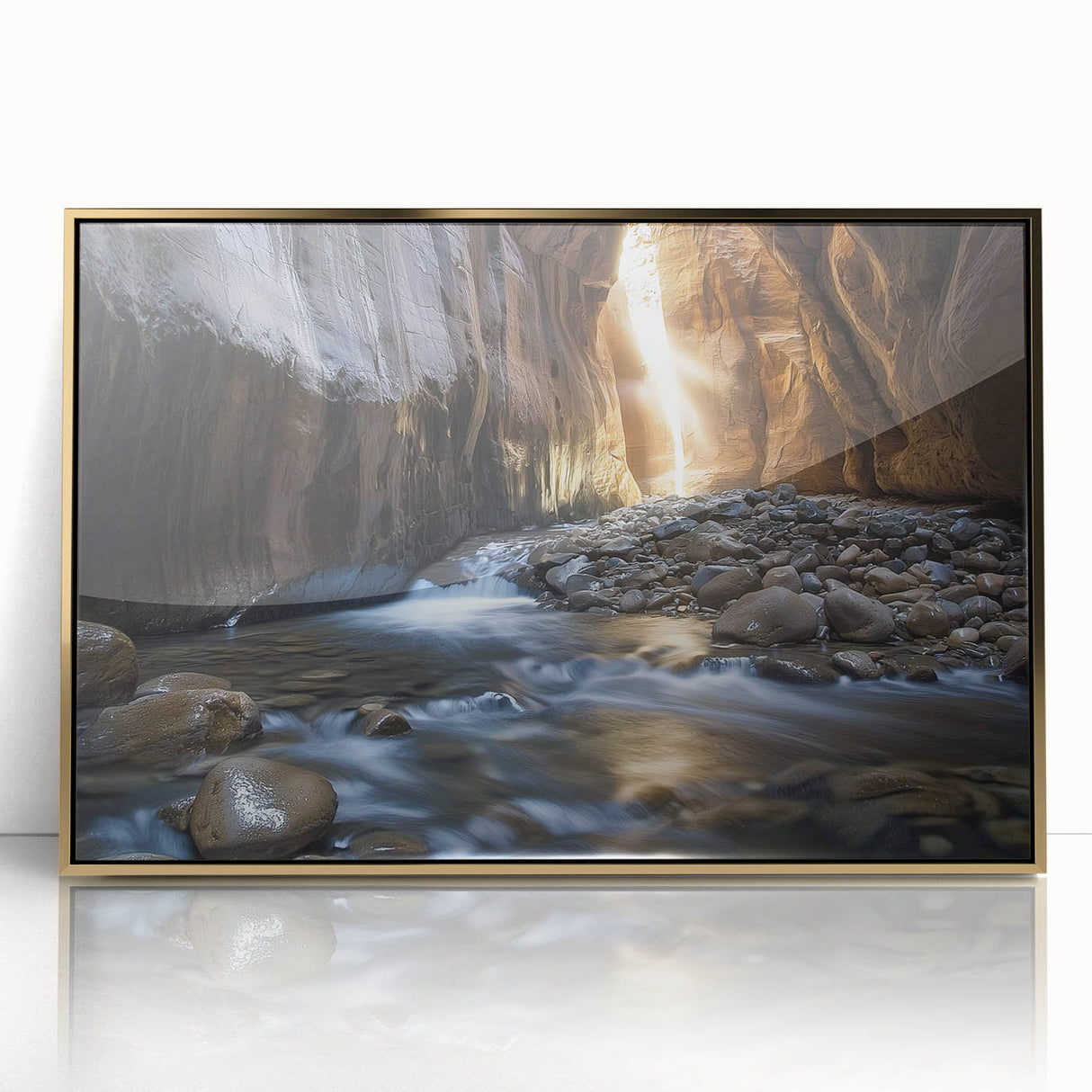 Framed acrylic wall art depicting a stunning landscape of canyons in rich gold and earthy tones, perfect for enhancing modern home decor and adding a touch of elegance.
