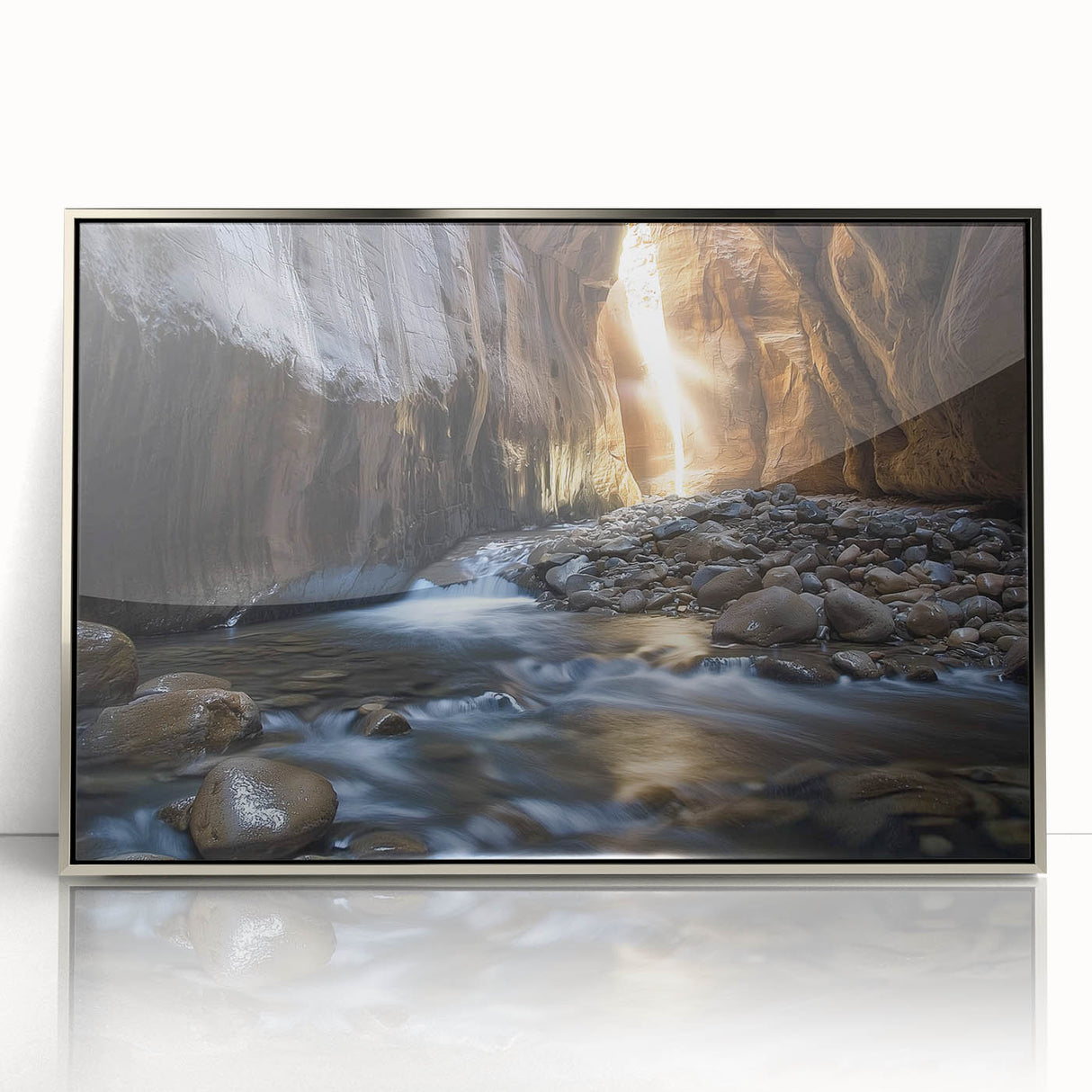 Framed acrylic artwork showcasing a stunning landscape of canyons in vibrant colors, perfect for home decor, enhancing interior spaces with natural beauty. Ideal for art enthusiasts.