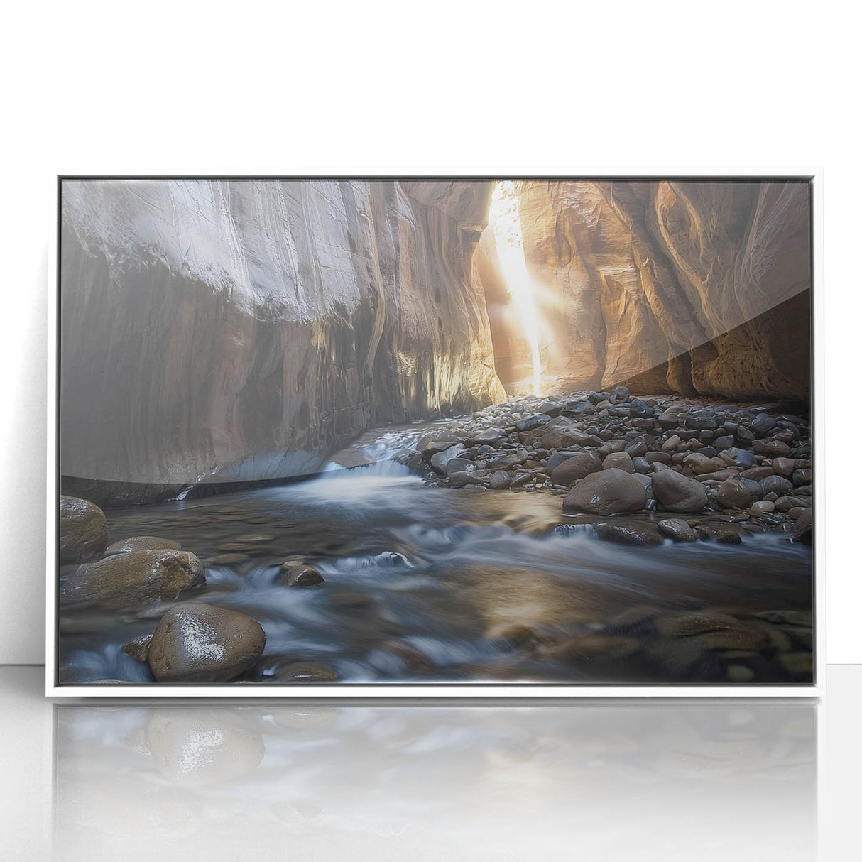 Framed acrylic artwork showcasing a stunning landscape of canyons, featuring vibrant colors and intricate details, ideal for home decor or office spaces.