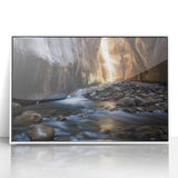 Framed acrylic artwork showcasing a stunning landscape of canyons, featuring vibrant colors and intricate details, ideal for home decor or office spaces.