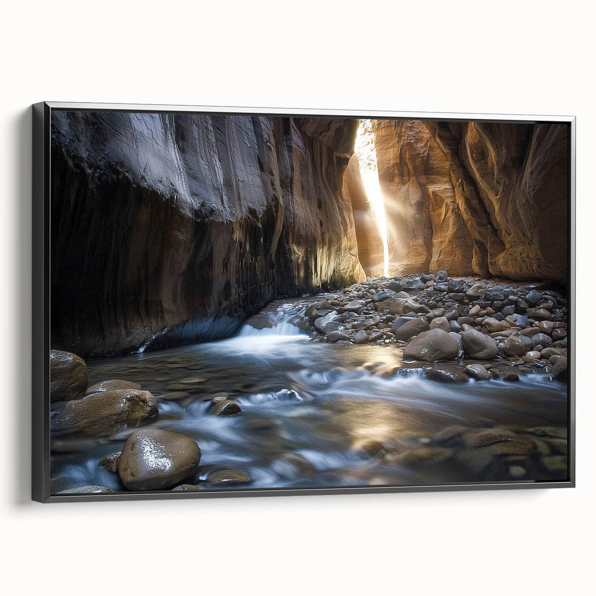 Framed landscape canvas print depicting vibrant canyons with rich colors, showcasing a black frame and side view, perfect for home decor or art enthusiasts.