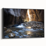 Framed landscape canvas print depicting vibrant canyons with rich colors, showcasing a black frame and side view, perfect for home decor or art enthusiasts.