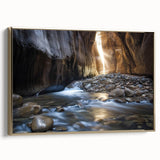 Framed canvas artwork depicting a vibrant landscape of canyons in warm gold tones, showcasing intricate details and textures, perfect for home decor or art collectors.