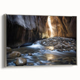 Framed canvas artwork showcasing a stunning landscape of canyons, featuring rich earthy tones and intricate details, perfect for enhancing home decor.