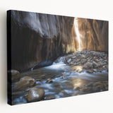 Stretched canvas artwork depicting a vibrant landscape of canyons, showcasing rich earth tones and dramatic rock formations, ideal for home decor or art collectors.