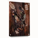 Large abstract wall art on acrylic glass depicting fall themes in warm orange and brown tones.