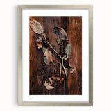 Textured abstract art print in warm autumn hues on a silver-framed canvas, ideal for bedroom wall decor.