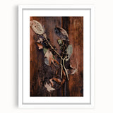 Abstract art print featuring swirling autumnal hues on a white-framed canvas, suitable for dining room or bedroom decor.