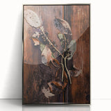 Mid-century modernist art depicting autumn trees in orange and yellow tones, framed in silver acrylic.