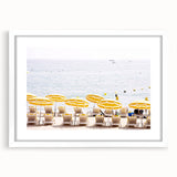 Abstract art print featuring swirling blue and green patterns on a white framed canvas, ideal for dining room decor.