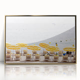 Large art print featuring a mid-century modernist summer scene in vibrant gold and green tones on framed acrylic.