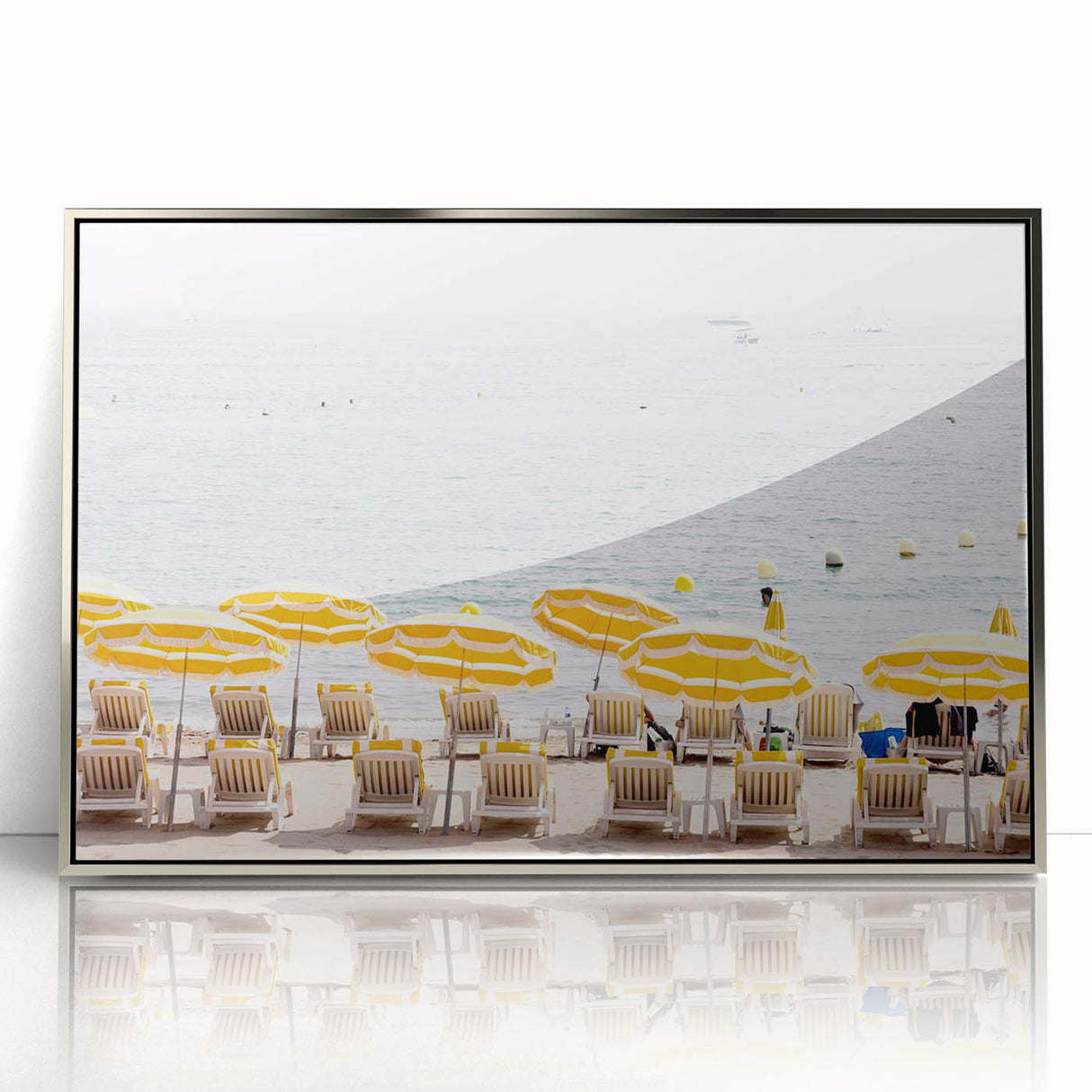Mid-century modernist art depicting summer with bright yellow and green tones on a silver-framed acrylic.