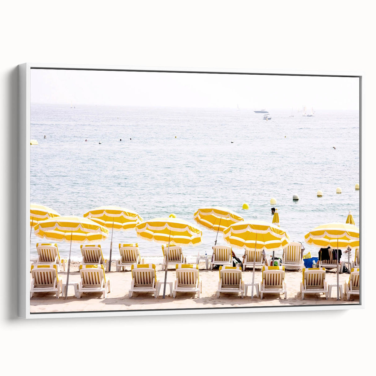 Vintage poster art of a colorful summer scene on a large framed canvas, ideal for living room decor.
