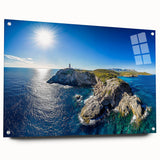 Acrylic wall art depicting a scenic view of cliffs and landscapes, showcasing vibrant colors and intricate details, displayed with pins for a modern aesthetic.