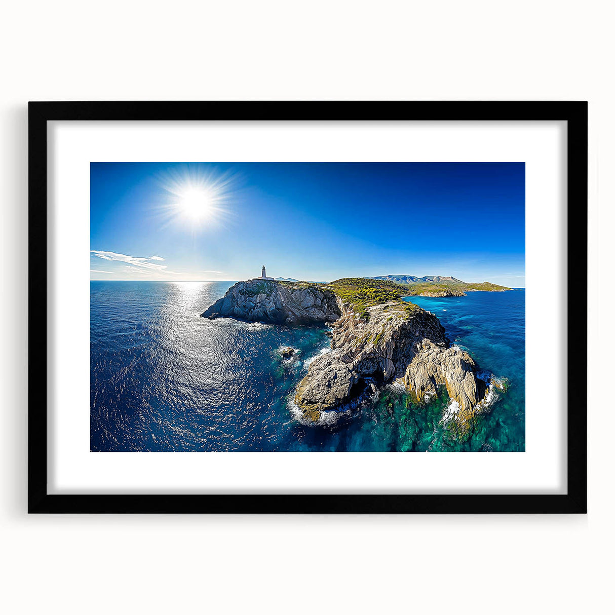 Black-framed landscape artwork showcasing rugged cliffs against a vibrant sunset, with a white mat for an elegant presentation, perfect for home decor.