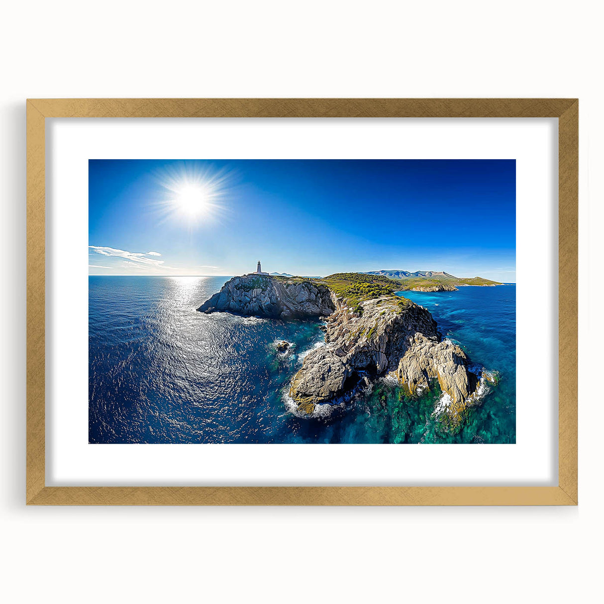 Elegant gold-framed landscape artwork showcasing steep cliffs and serene natural scenery, complete with a decorative mat, ideal for enhancing home decor with sophistication.