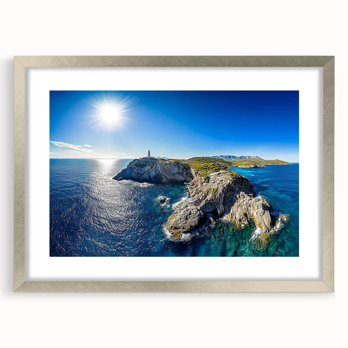 Framed landscape artwork showcasing dramatic cliffs with a silver mat, perfect for enhancing home decor. This piece captures the essence of nature's beauty.
