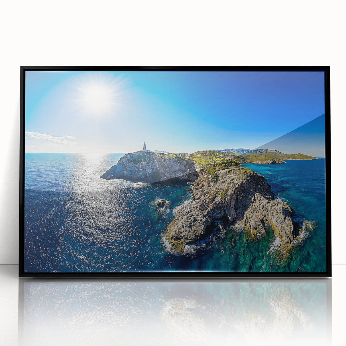 Framed acrylic artwork showcasing a stunning landscape of cliffs, featuring vivid colors and intricate details, presented in a sleek black frame for a modern aesthetic.