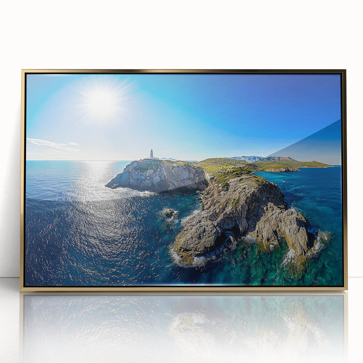 Framed acrylic art piece showcasing a stunning landscape of majestic cliffs, featuring vibrant colors and intricate details, ideal for enhancing modern home decor.