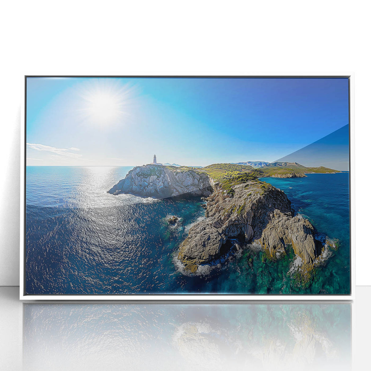 Framed acrylic landscape artwork showcasing dramatic cliffs and ocean views, featuring vibrant colors and intricate details, perfect for enhancing modern home decor.