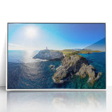 Framed acrylic landscape artwork showcasing dramatic cliffs and ocean views, featuring vibrant colors and intricate details, perfect for enhancing modern home decor.