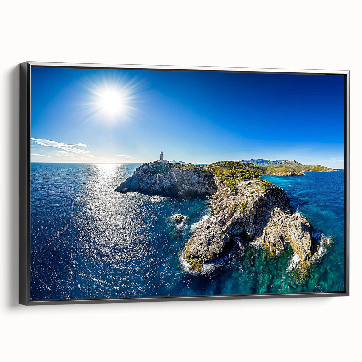 Framed canvas artwork depicting dramatic cliffs and landscapes, featuring a black side view, perfect for modern home decor with a natural aesthetic.