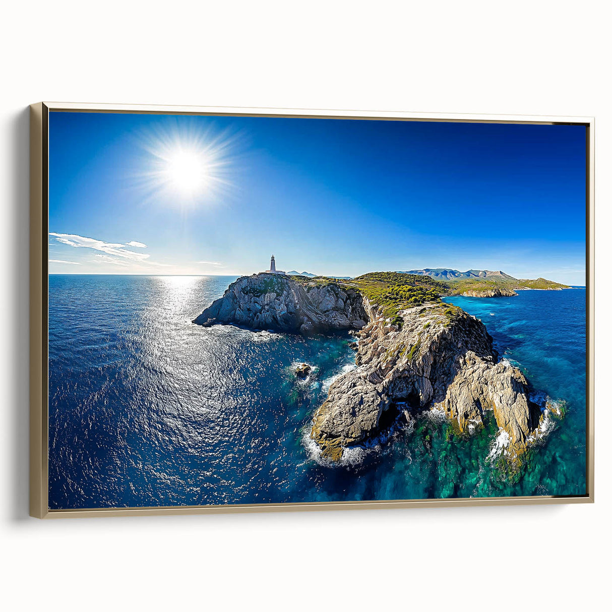 Framed canvas artwork depicting a dramatic cliff landscape in muted earth tones, accented with a gold frame, ideal for enhancing modern home decor.