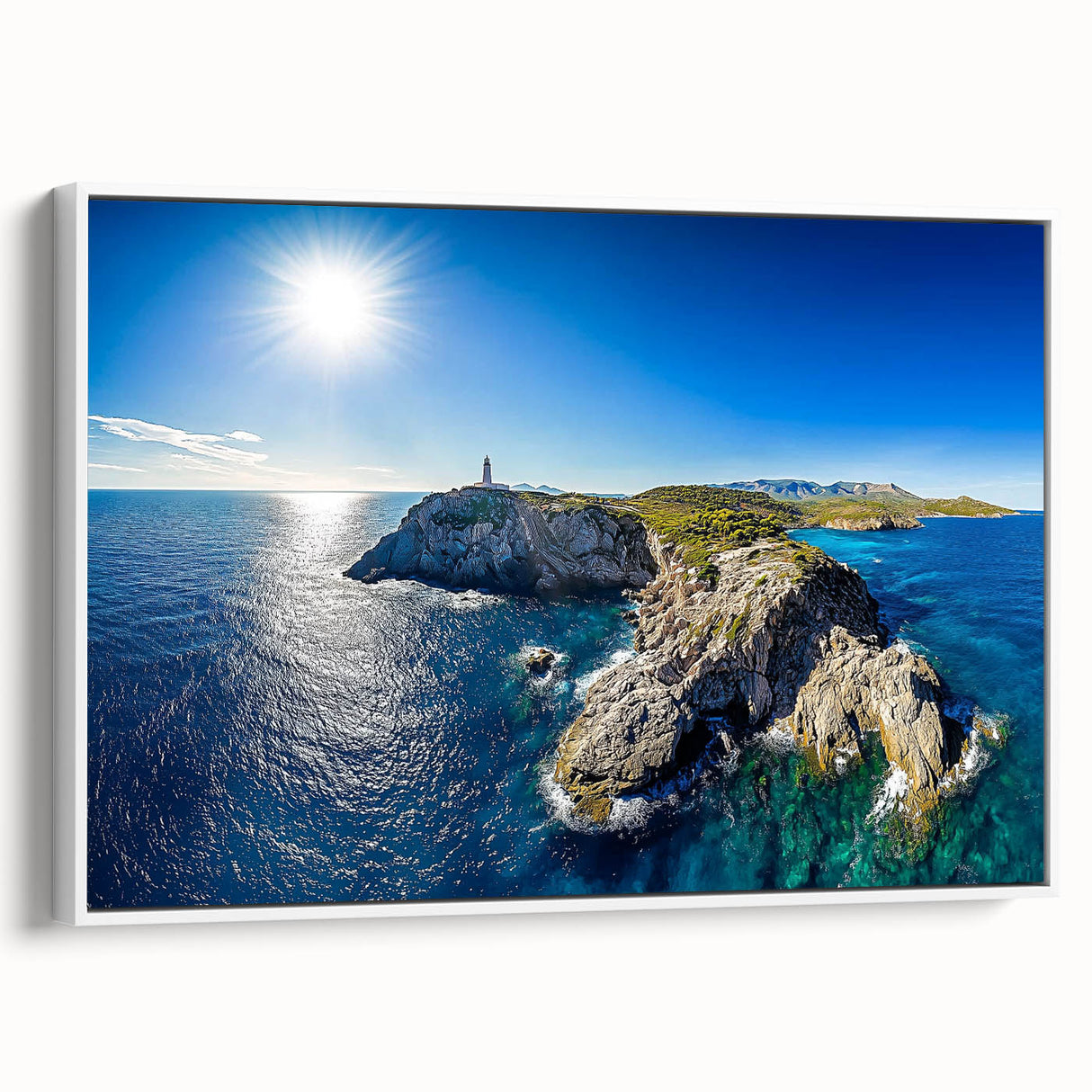 Framed canvas artwork showcasing dramatic rocky cliffs against a vibrant sunset sky, designed to enhance modern home decor with its striking colors and textures.