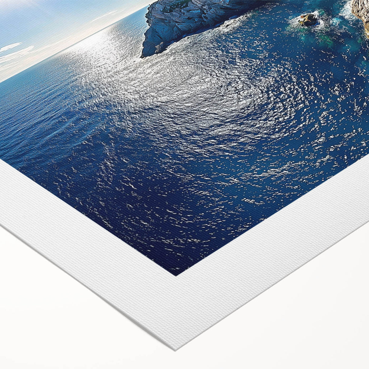 Vibrant rolled canvas depicting dramatic cliffs against a serene landscape, showcasing rich colors and intricate details, perfect for modern home decor.