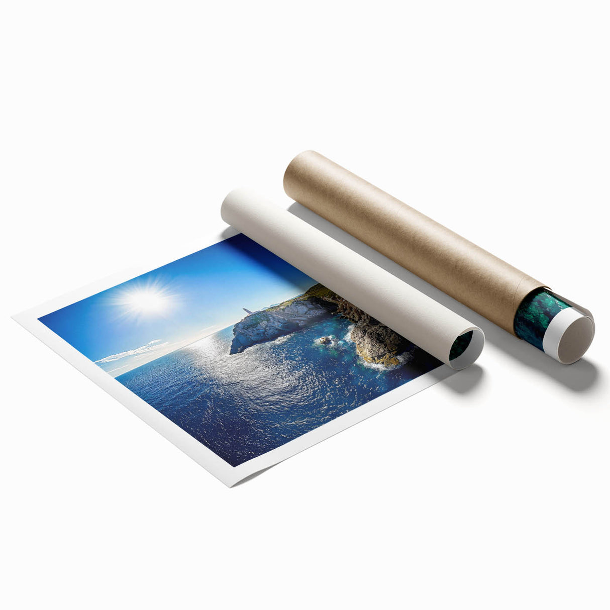 Stunning rolled canvas print showcasing a vibrant landscape of dramatic cliffs under a bright blue sky, elegantly packaged in a protective cardboard tube for easy display. Perfect for adding a touch of natural beauty to your home decor.