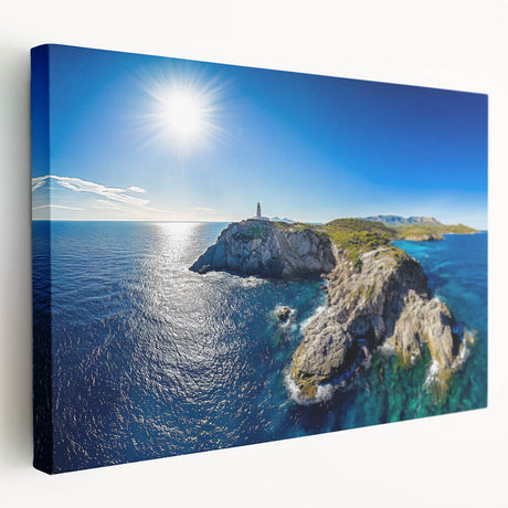 Stretched canvas artwork depicting a dramatic cliff landscape under a vibrant sunset, showcasing rich colors and intricate details, perfect for home decor.