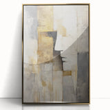 Framed abstract figurative art piece showcasing a dynamic gold design on a sleek acrylic surface, set against a minimalist backdrop, perfect for modern decor.