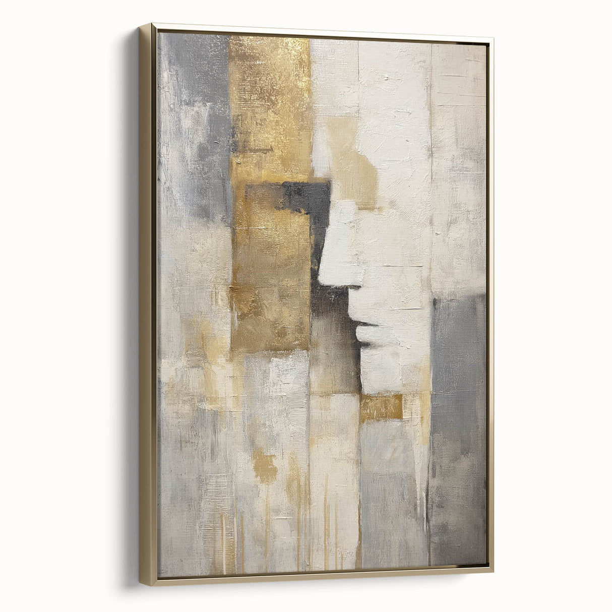 Abstract figurative framed canvas artwork featuring gold accents, showcasing a modern design with fluid shapes and dynamic lines, perfect for contemporary decor.