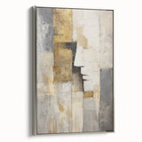 Framed abstract figurative canvas art in a silver frame, showcasing vibrant colors and dynamic shapes, ideal for modern home decor. Side view highlights the frame's sleek design and craftsmanship, perfect for enhancing any living space.
