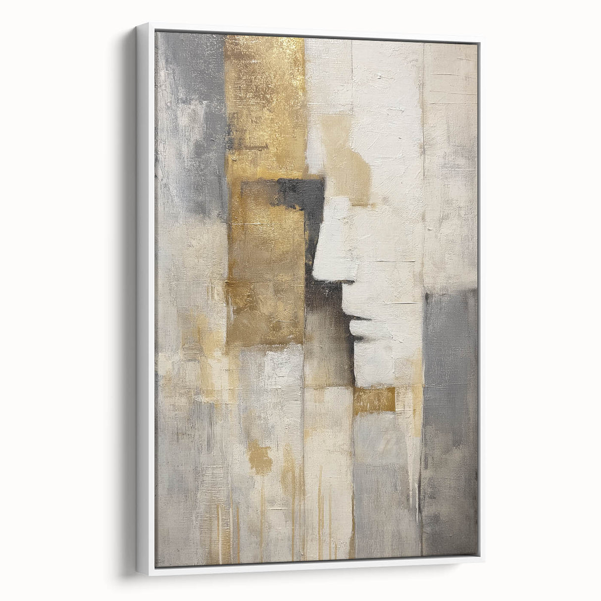 Abstract figurative framed canvas artwork featuring a white background and dynamic shapes, ideal for modern home décor, adding elegance and style to any room.