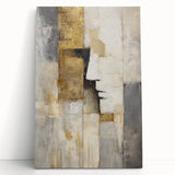 Abstract figurative stretched canvas art piece featuring vibrant colors and dynamic shapes, leaning against a textured wall, perfect for modern home decor.