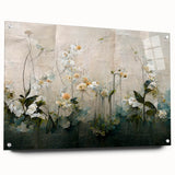 Abstract floral wall art displayed in a side view, showcasing vibrant colors and intricate patterns, mounted with decorative pins on a clean surface. This acrylic-glass piece adds a modern touch to any room decor.
