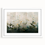 Abstract floral wall art framed in white with a mat, showcasing vibrant colors and intricate designs, perfect for modern home decor. Ideal for adding a touch of elegance to any room.