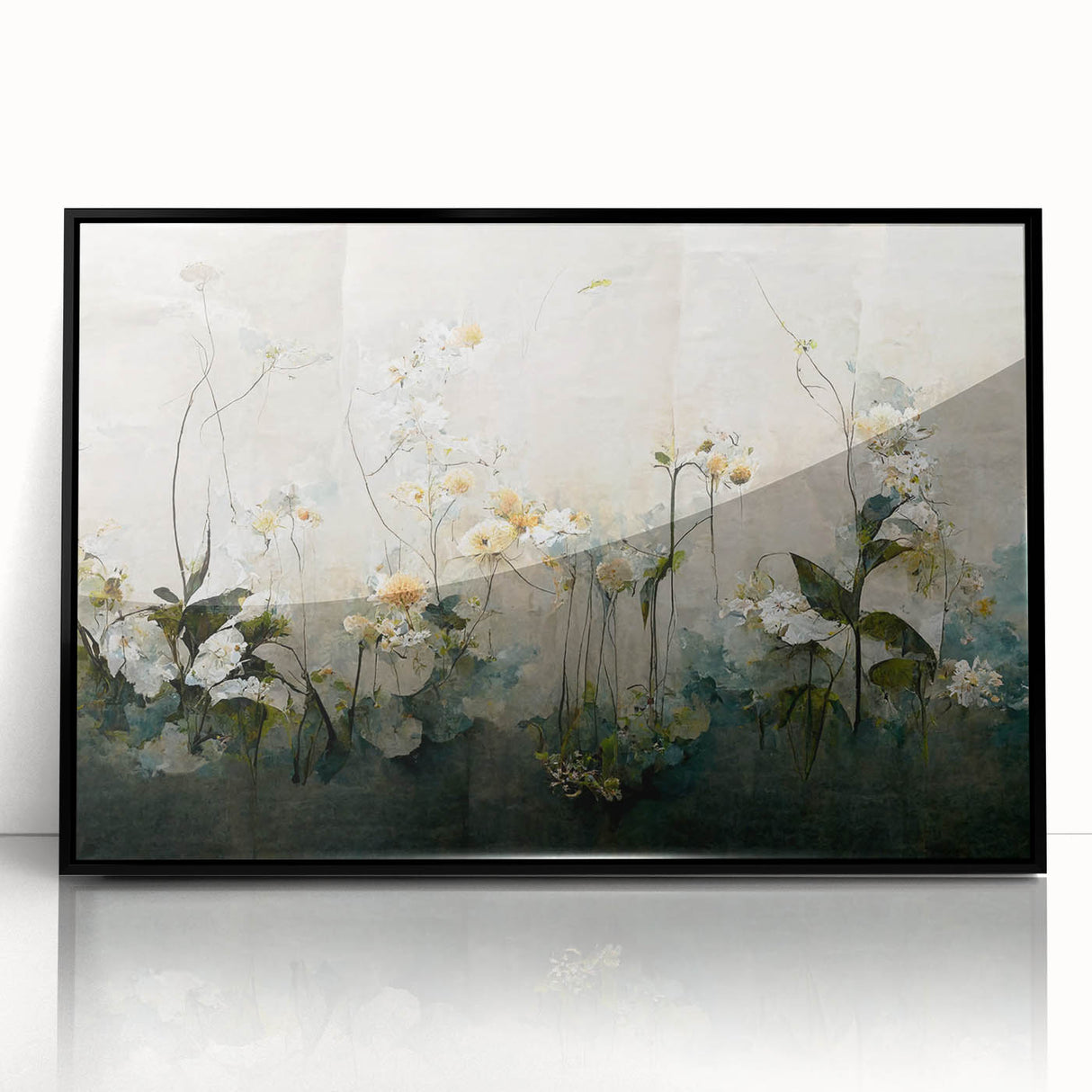 Framed abstract floral wall art featuring vibrant colors in a contemporary black frame, showcasing intricate details and modern design elements to enhance any decor.