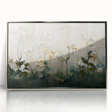 Framed abstract floral wall art with vibrant colors and intricate designs, displayed in a sleek silver frame, perfect for modern home decor.