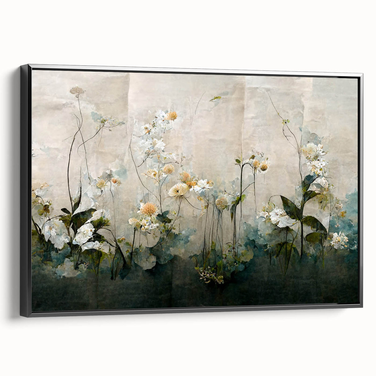 Framed black canvas wall art featuring an abstract floral design, showcasing vibrant colors and intricate details, perfect for modern home decor and artistic expression.