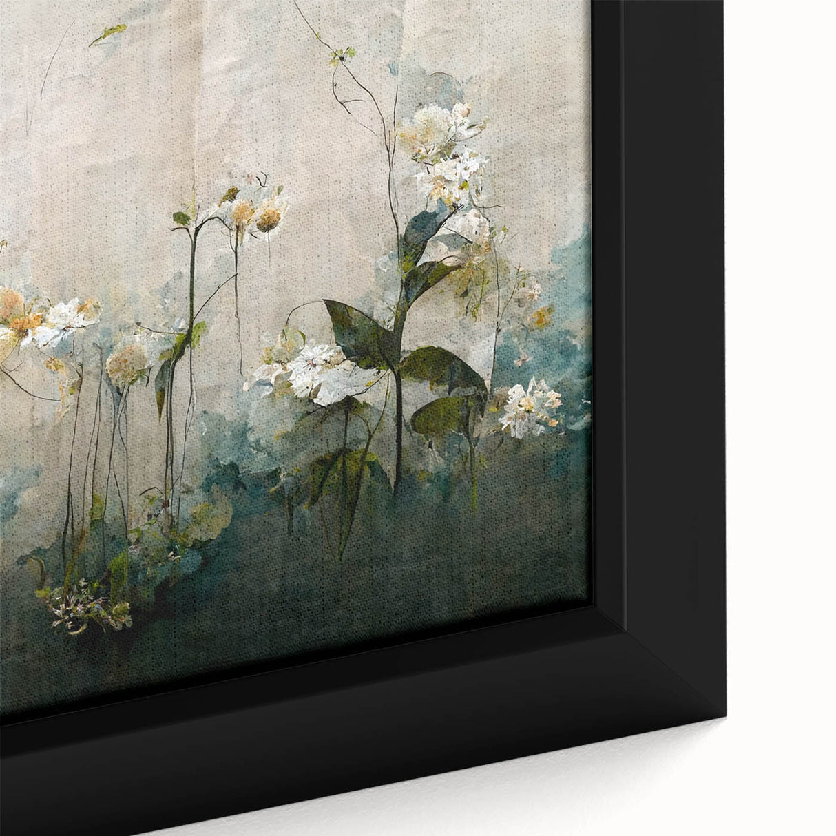 Close-up of a framed canvas featuring vibrant abstract floral designs in shades of pink, blue, and yellow, ideal for modern home decor.