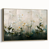 Framed canvas wall art showcasing an abstract floral design in vibrant colors with a gold frame, perfect for enhancing modern home decor.