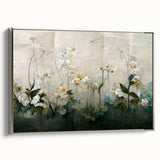Framed abstract floral wall art featuring vibrant colors and intricate designs, showcasing a silver frame that enhances its modern aesthetic in a stylish setting.