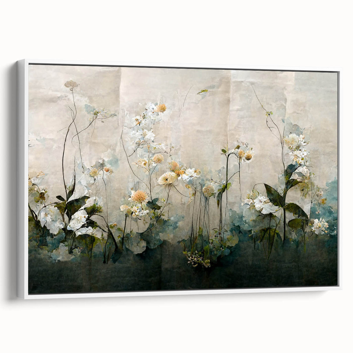 Framed canvas wall art showcasing a vibrant abstract floral design with shades of pink, blue, and green, displayed from a side view against a white background. Perfect for modern home decor.