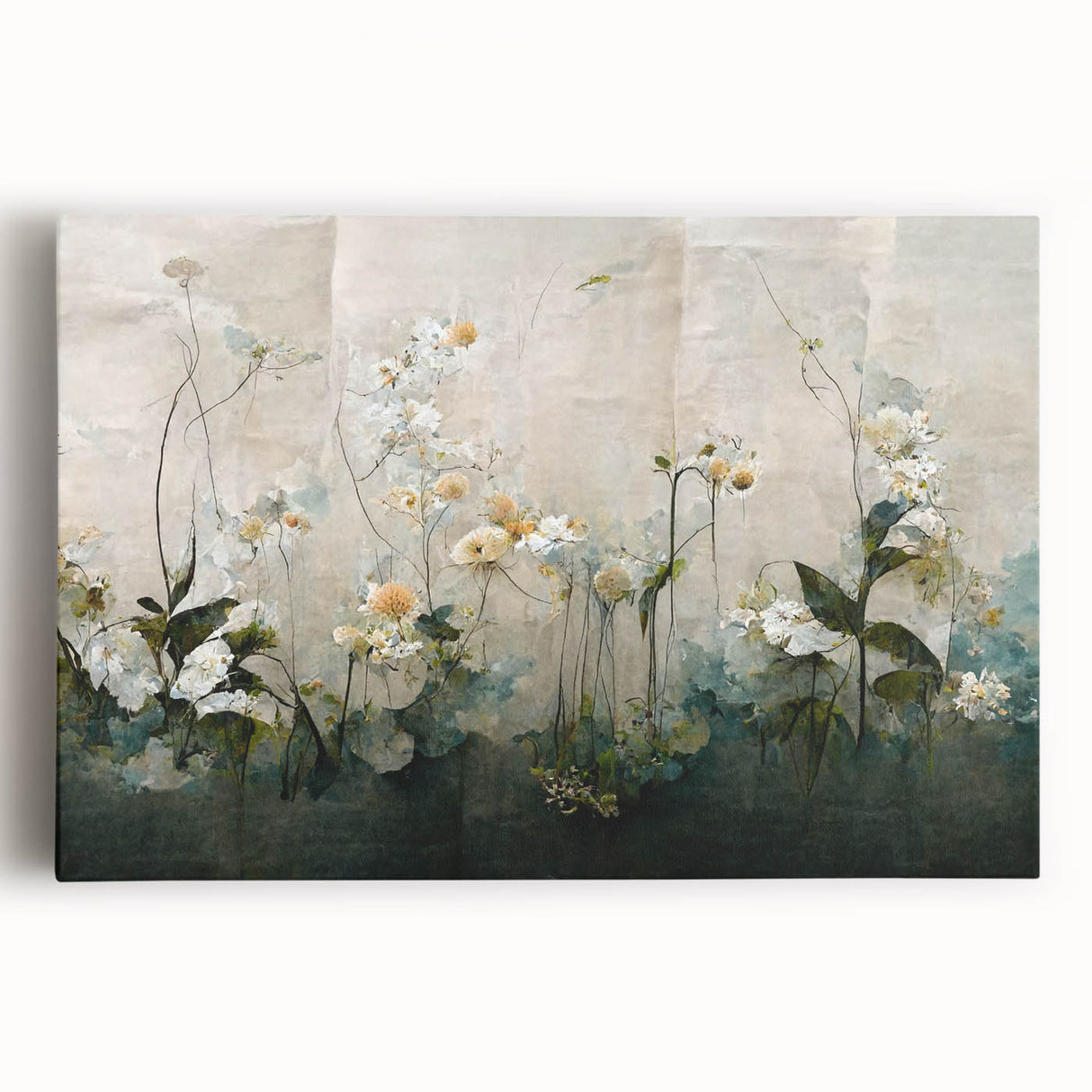 Abstract floral wall art on stretched canvas showcasing vibrant colors like blue, pink, and yellow, perfect for modern home decor, adding elegance and style.