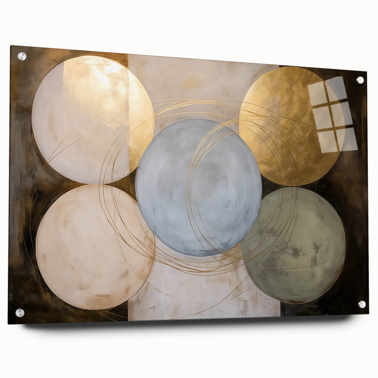 Abstract geometric acrylic glass artwork showcasing a vibrant color palette, featuring intricate designs and mounted with decorative pins for a modern aesthetic.