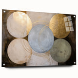 Abstract geometric acrylic glass artwork showcasing a vibrant color palette, featuring intricate designs and mounted with decorative pins for a modern aesthetic.