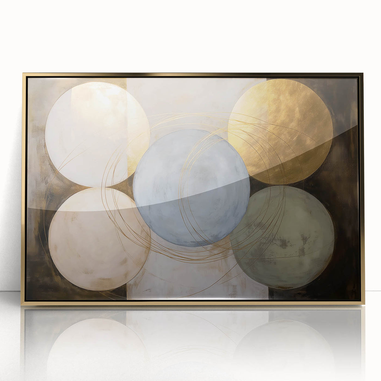 Framed acrylic artwork featuring an abstract geometric design in gold and black, ideal for modern home decor, adding a touch of elegance to any space.