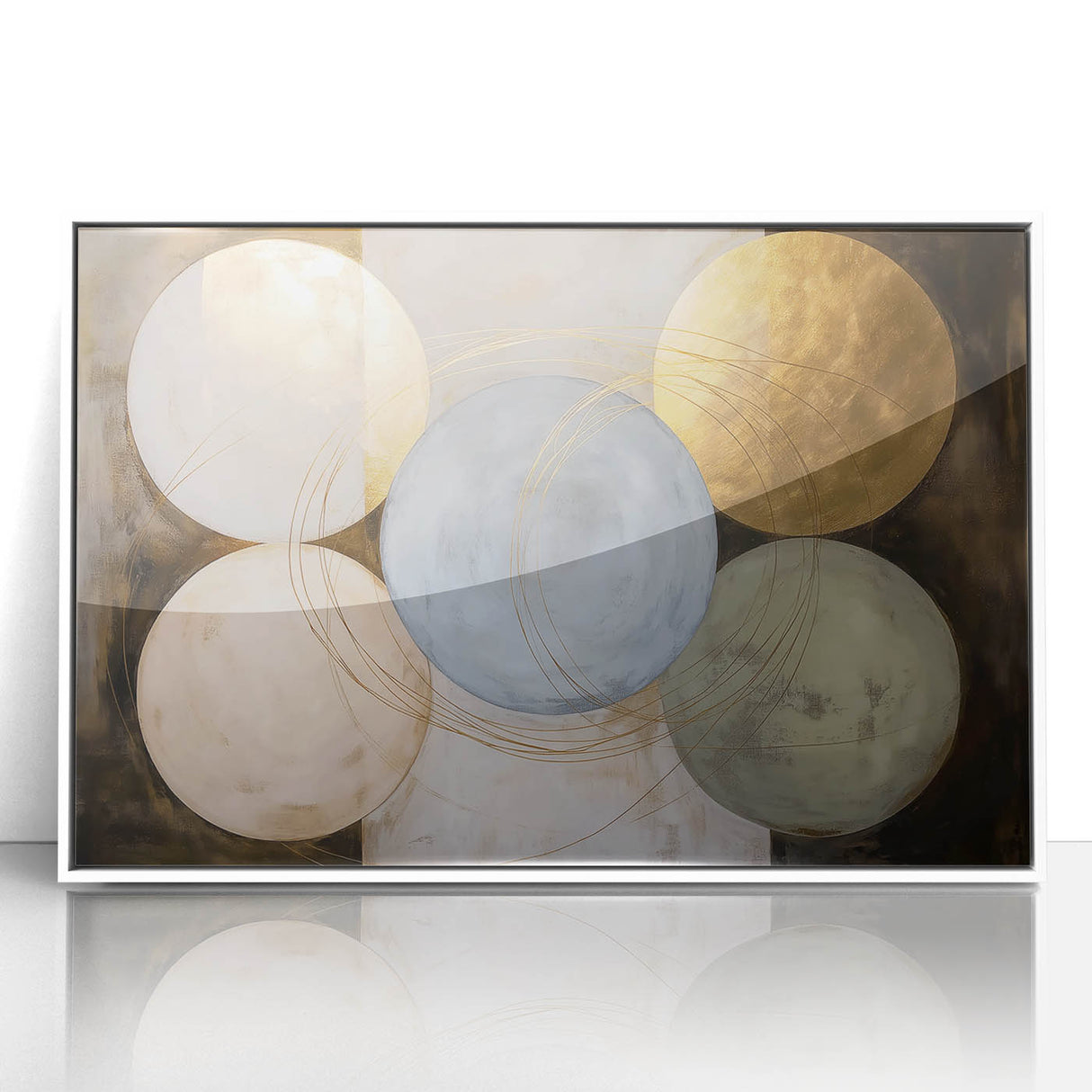 Framed abstract geometric artwork in white acrylic, showcasing modern design elements with sharp angles and soft colors, perfect for contemporary home decor.